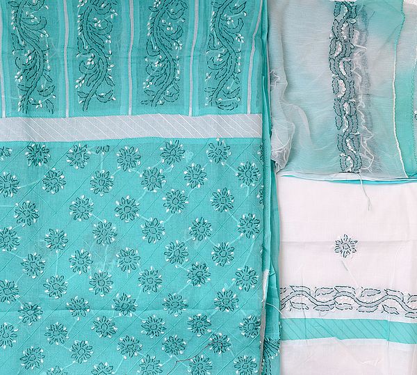Aqua-Green Salwar Kameez Fabric with Lukhnawi Chikan Embroidery by Hand