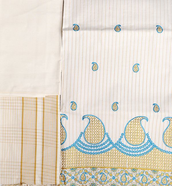 Kasavu Salwar Kameez Fabric from Kerala with Embroidered Paisleys