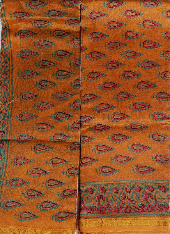 Mustard Chanderi Salwar Kameez Fabric with Block-Printed Bootis