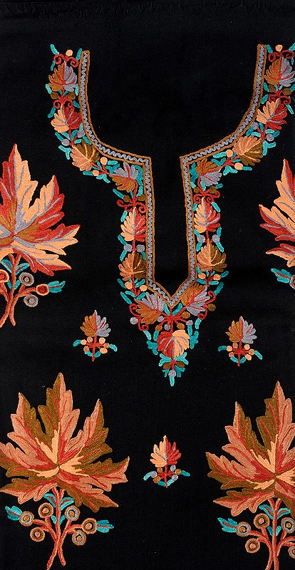 Black Salwar Kameez fabric from Kashmir with Hand Embroidered Chinar Leaves