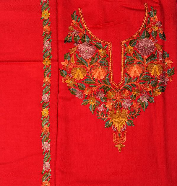 Tomato-Red Kashmiri Salwar Kameez Fabric with Aari Embroidered Flowers by Hand