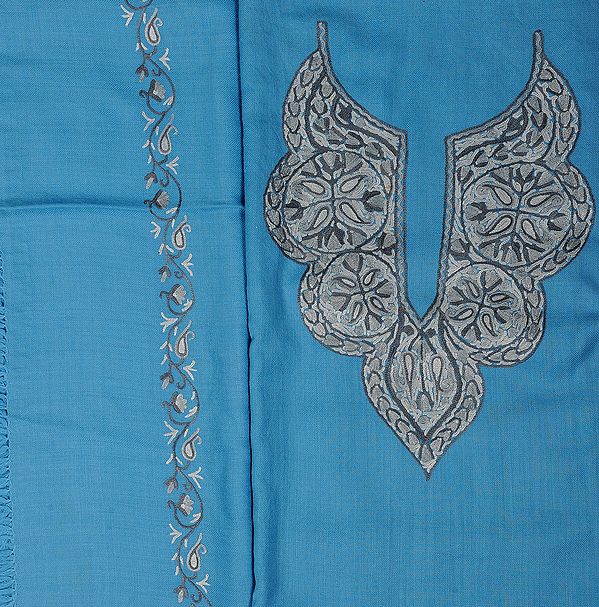 Ethereal-Blue Salwar Kameez Fabric from Kashmir with Hand Embroidery on Neck