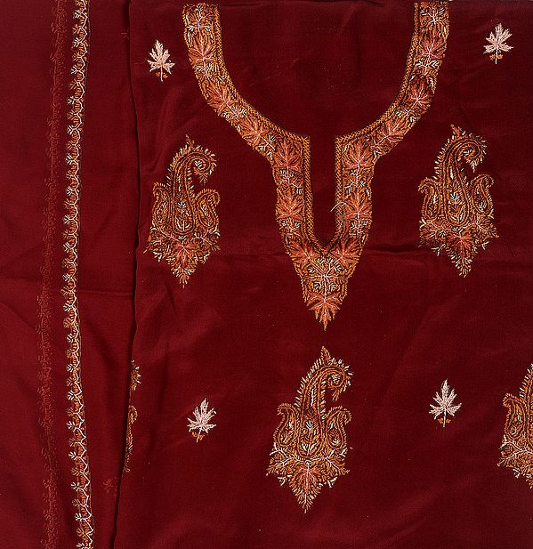 Maroon Salwar Kameez Fabric from Kashmir with Sozni Embroidery by Hand