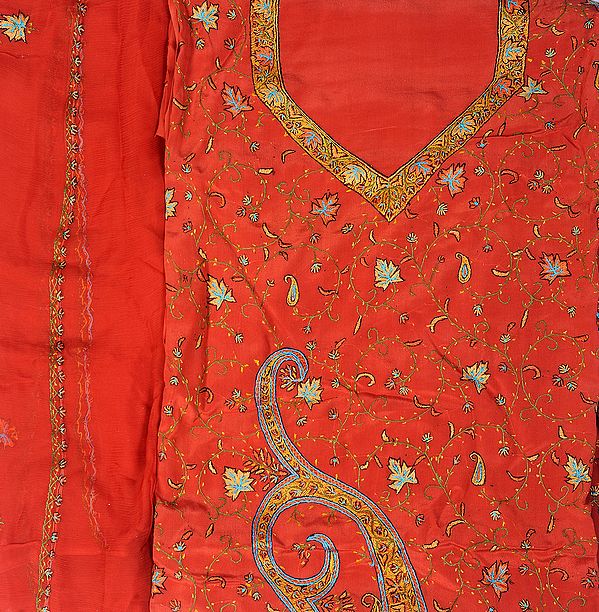 Rust Salwar Kameez Fabric from Kashmir with Sozni Embroidered Chinar Leaves by Hand