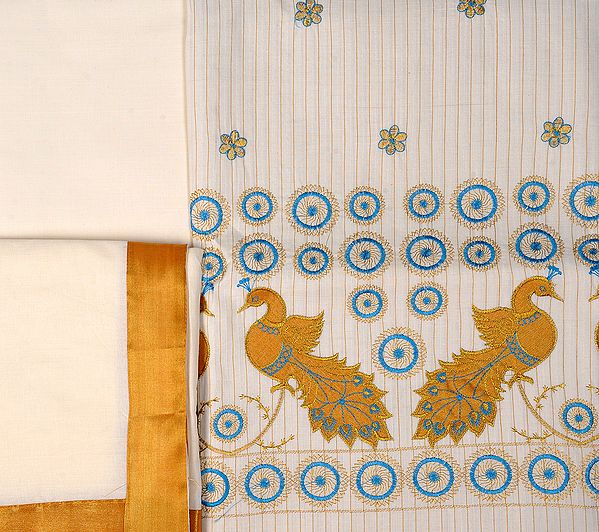 Ivory Kasavu Salwar Kameez Fabric from Kerala with Embroidered Pair of Peacocks