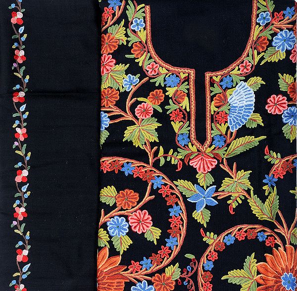 Black Salwar Kameez Fabric from Kashmir with Hand Embroidered Flowers