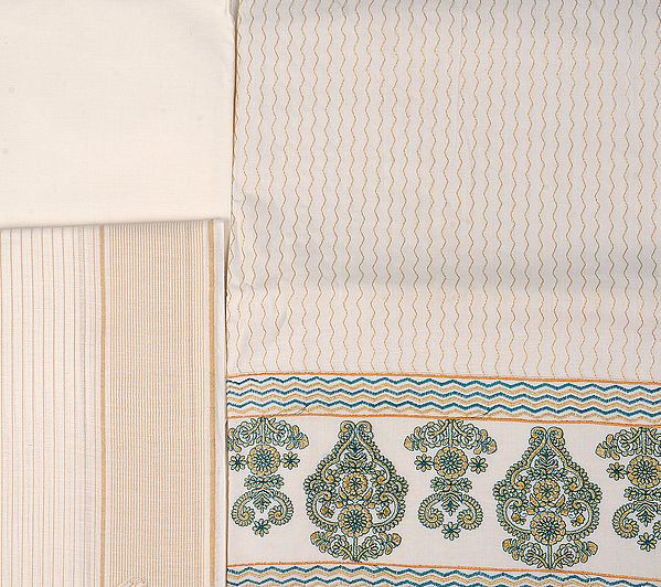 Ivory Kasavu Salwar Kameez Fabric from Kerala with Metallic Thread Work