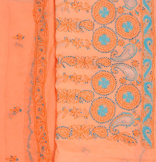 Salmon Salwar Kameez Fabric with Lukhnawi Chikan-Embroidery by Hand
