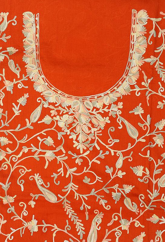 Flamingo-Orange Two-Piece Salwar Kameez Fabric with Aari Embroidered Paisleys