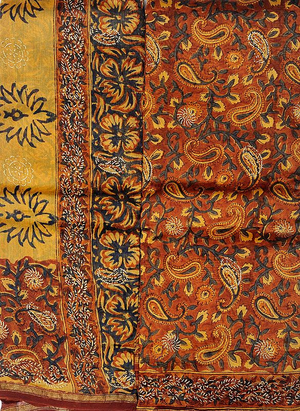 Mustang-Brown Chanderi Salwar Kameez Fabric with Block-Printed Paisleys