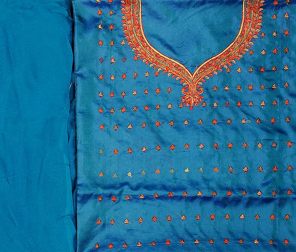Copen-Blue Salwar Kameez Fabric from Kashmir with Needle stitch Embroidered Bootis
