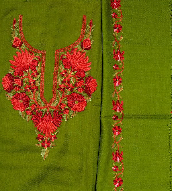 Fluorite-Green Salwar Kameez Fabric from Kashmir with Hand Embroidery on Neck