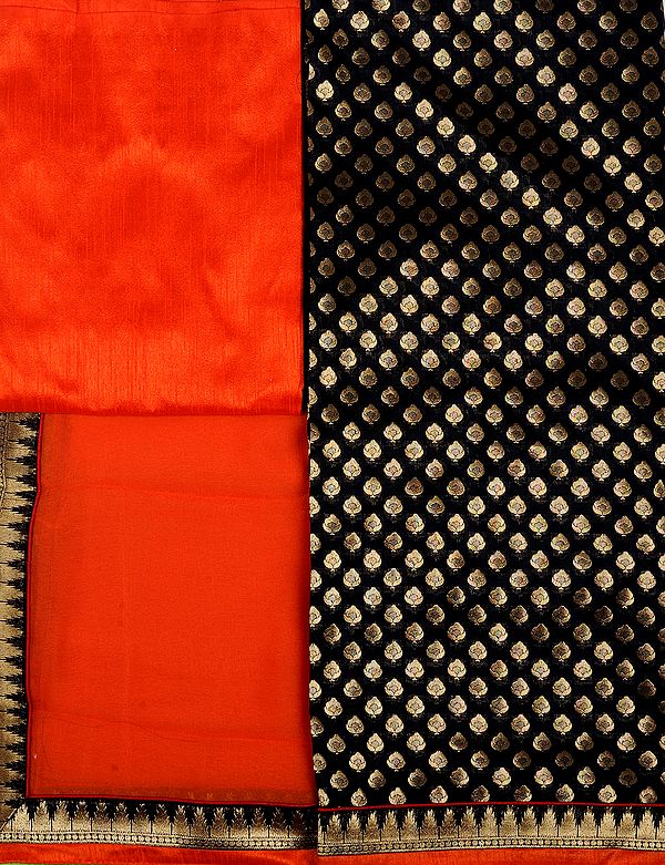Black and Orange Banarasi Salwar Kameez Fabric with Woven Bootis