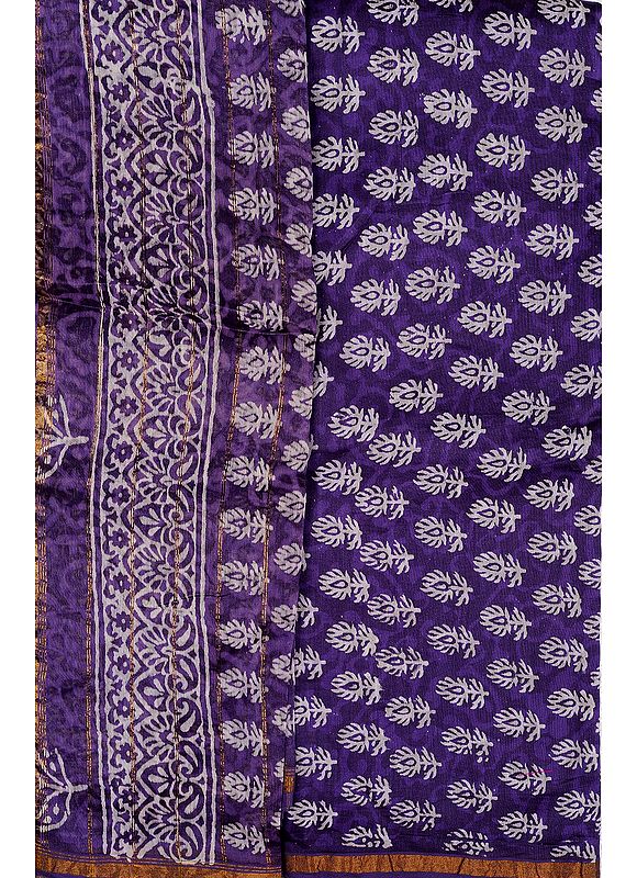 Orient-Blue Block-Printed Chanderi Salwar Kameez Fabric