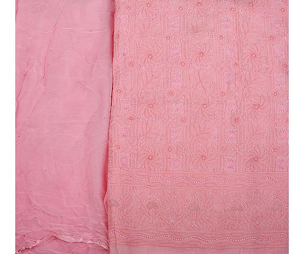 Orchid-Pink Salwar Kameez Fabric with Lukhnawi Chikan-Embroidery by Hand