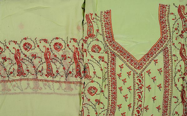 Shadow-Lime Salwar Kameez Fabric from Kashmir with Hand Embroidered Paisleys
