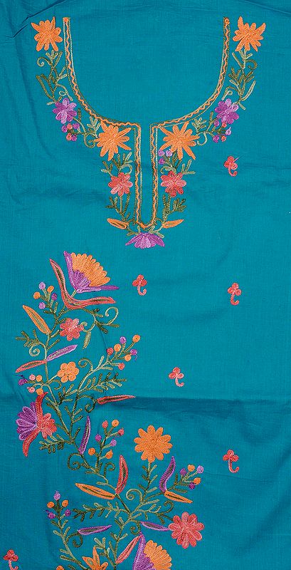 Turquoise Two-Piece Salwar Kameez Fabric from Kashmir with Aari Embroidered Flowers