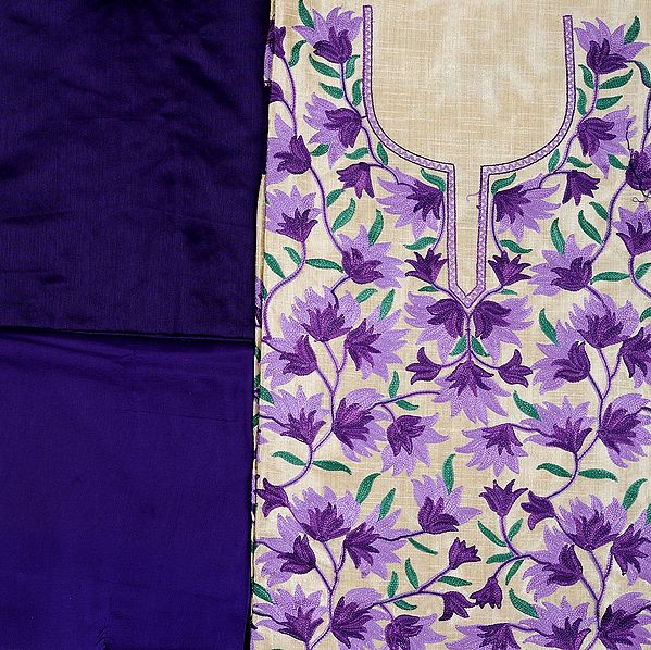 Beige Salwar Kameez Fabric from Kashmir with Aari Embroidered Flowers