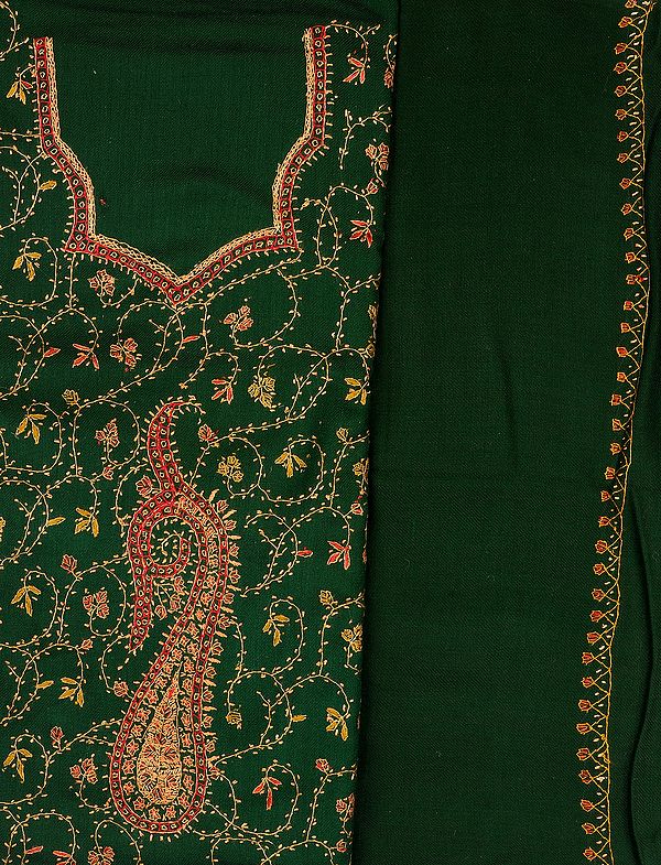Hunter-Green Salwar Kameez Fabric from Kashmir with Sozni Embroidery by Hand