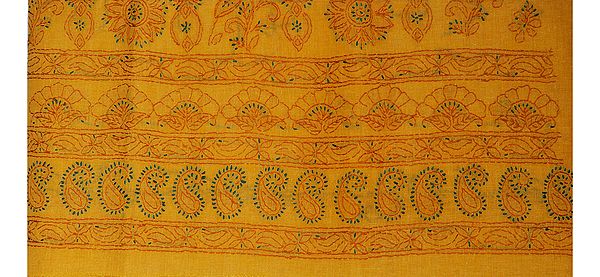 Ochre-Yellow Salwar Kameez Fabric with Lukhnawi Chikan-Embroidery by Hand