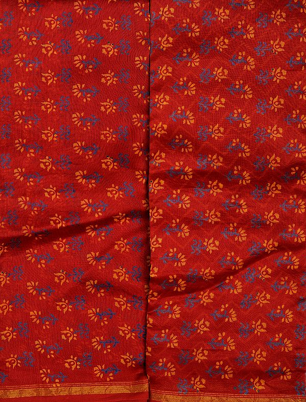 Garnet-Red Block-printed Chanderi Salwar Kameez Fabric with Golden Zari Border