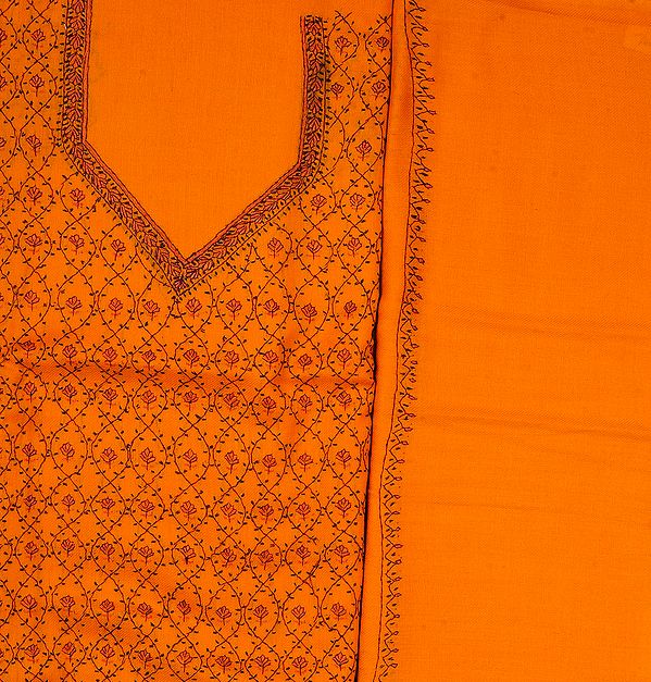 Blazing-Orange Salwar Kameez Fabric from Kashmir with Jafreen Jaal Embroidery by Hand
