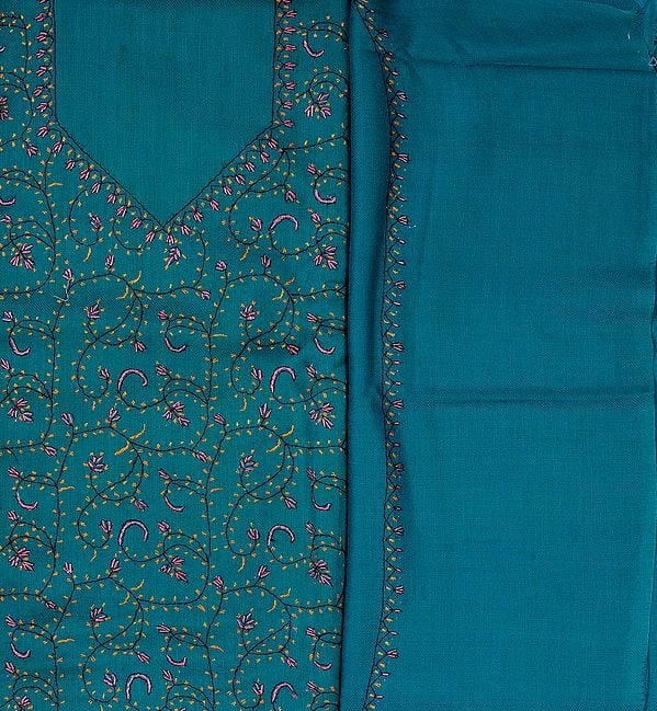 Bristol-Green Salwar Kameez Fabric from Kashmir with Sozni Embroidery by Hand