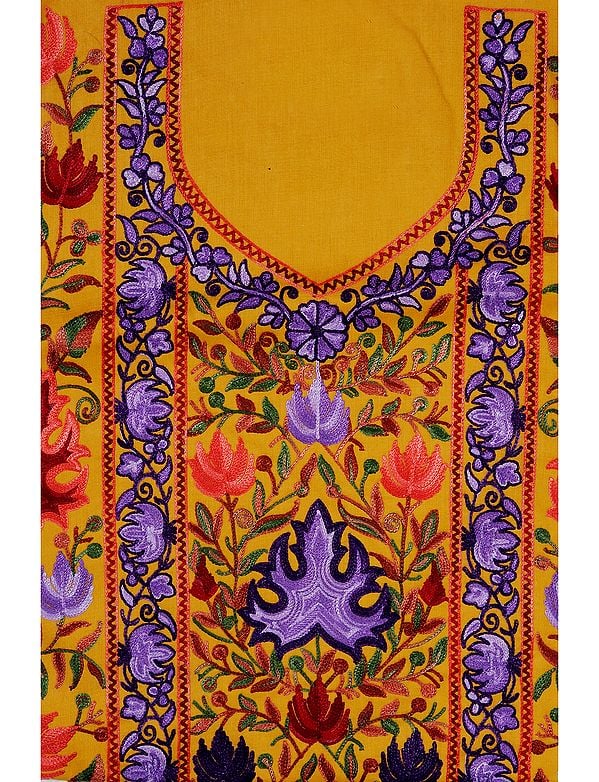 Buff-Yellow Two-Piece Salwar Kameez Fabric from Kashmir with Aari Embroidered Chinar Leaves