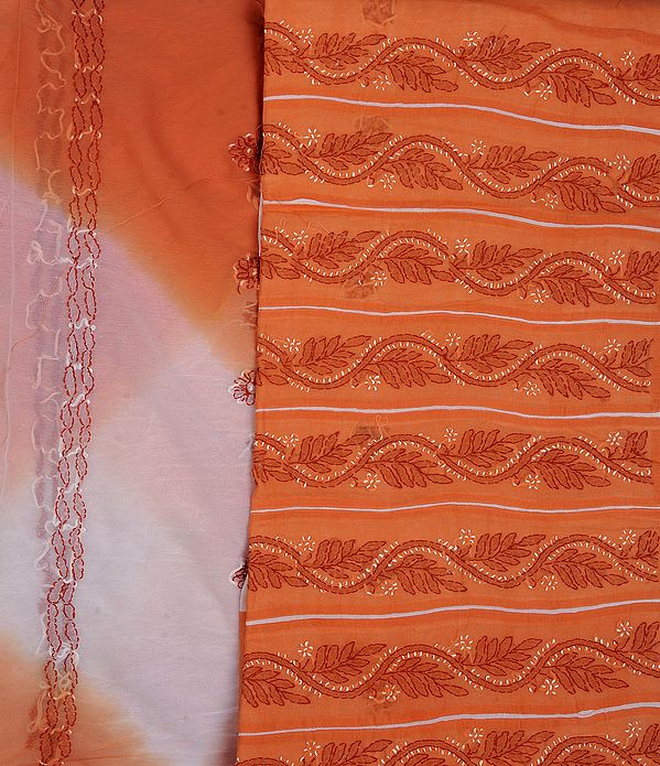 Coral Salwar Kameez Fabric with Lukhnawi Chikan-Embroidery by Hand