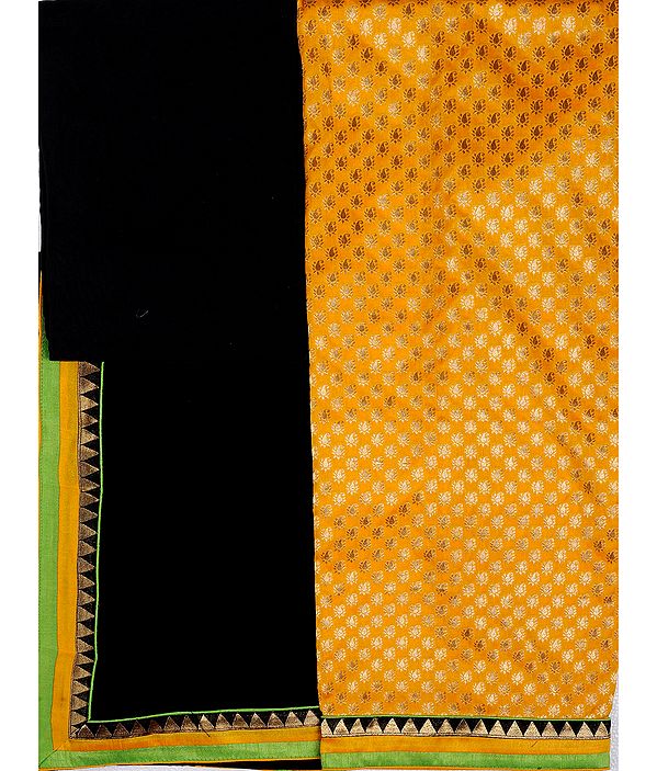 Citrus-Yellow and Black Banarasi Salwar Kameez Fabric with All-Over Woven Paisleys