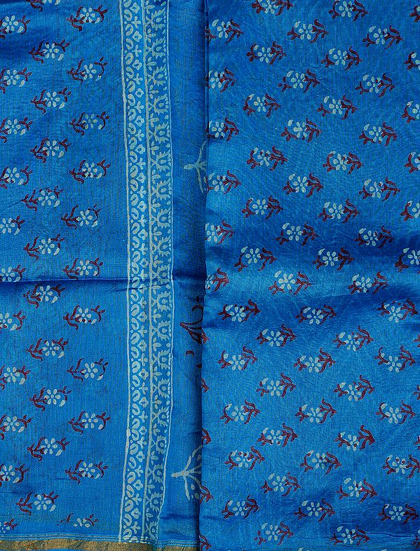 Heritage-Blue Block-printed Chanderi Salwar Kameez Fabric with Golden Zari Border