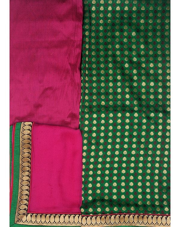 Amazon-Green and Fuchsia Banarasi Salwar Kameez Fabric with Brocaded Bootis in Zari Thread