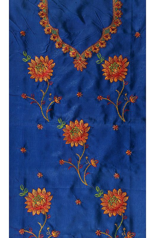 Federal-Blue Kashmiri Two-Piece Suit with Aari Embroidered Flowers