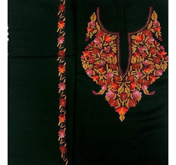 Rifle-Green Salwar Kameez Fabric from Kashmir with Hand-Embroidered Flowers on Neck