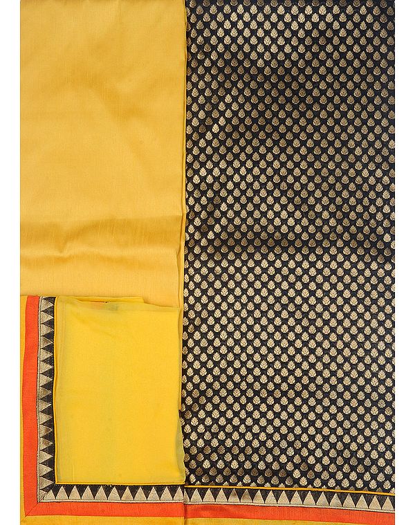 Black and Yellow Banarasi Salwar Kameez Fabric with Brocaded Bootis in Zari Thread