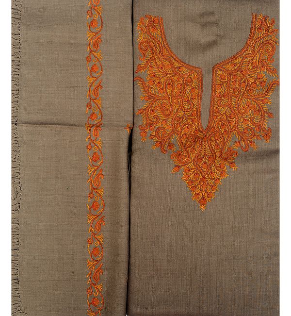Timber-Wolf Salwar Kameez Fabric from Kashmir with Hand-Embroidered Flowers on Neck