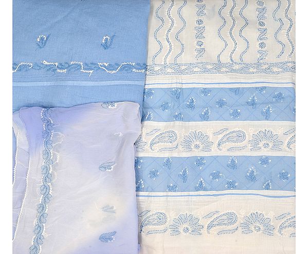 Blue and White Salwar Suit Fabric with All-Over Lukhnavi Chikan Embroidery