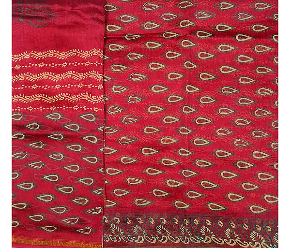Ruby-Red Chanderi Salwar Kameez Suit Fabric with Block-Printed Bootis