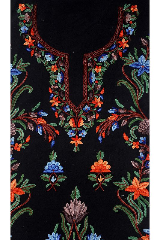 Black Salwar Kameez Fabric from Kashmir with Aari-Embroidered Flowers by Hand