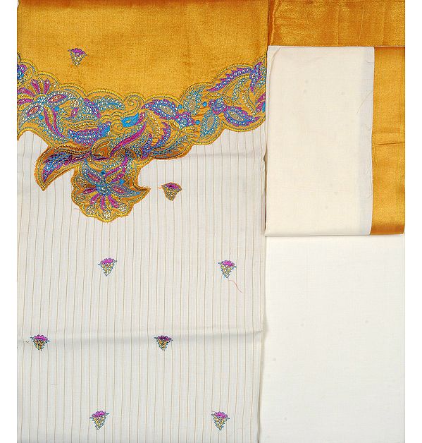 Ivory Kasavu Handloom Salwar Kameez Fabric from Kerala with Embroidered Bootis and Patchwork