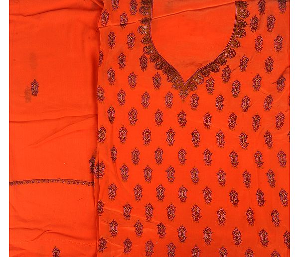 Mandarin-Orange Salwar Kameez Fabric from Kashmir with Sozni Embroidery by Hand