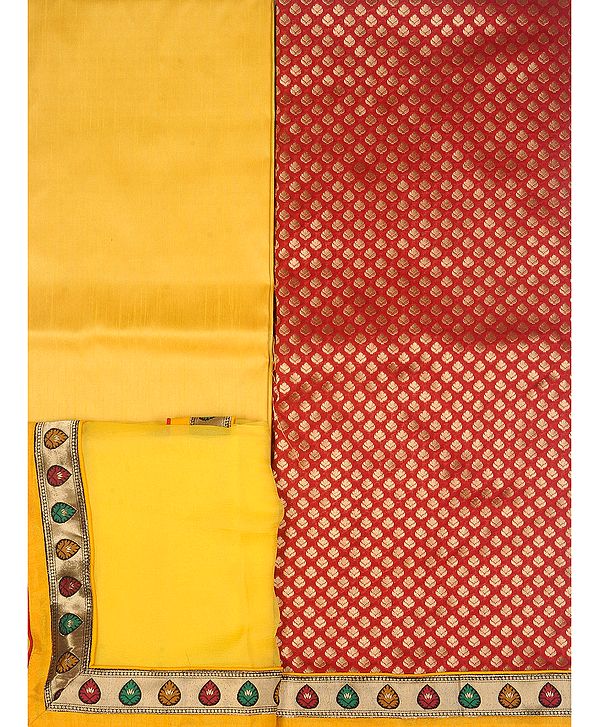 Red and Yellow Banarasi Salwar Kameez Fabric with Brocaded Bootis in Zari Thread