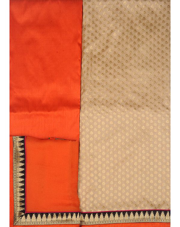 Beige and Orange Banarasi Salwar Kameez Fabric with Brocaded Bootis in Zari Thread