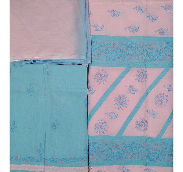 Powder-Pink and Baby-Blue Salwar Suit Fabric with All-Over Lukhnavi Chikan Embroidery