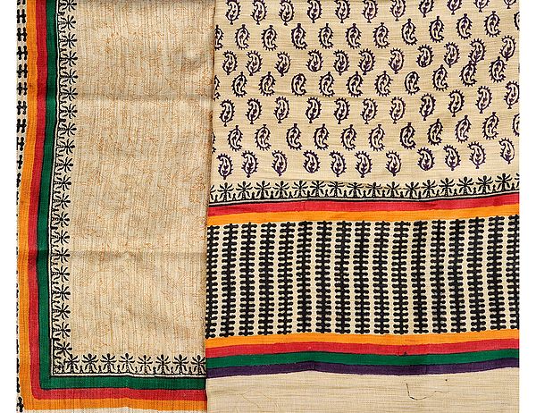 Italian-Straw Salwar Kameez Fabric from Jharkhand with Block-Printed Paisleys