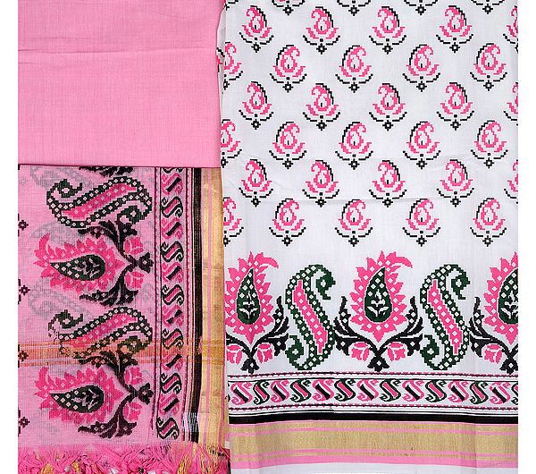 Snow-White and Pink Salwar Kameez Fabric from Seemandhra with Printed Paisleys