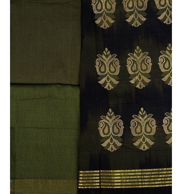 Black and Olive Salwar Kameez Fabric from Hyderabad with Woven Paisleys