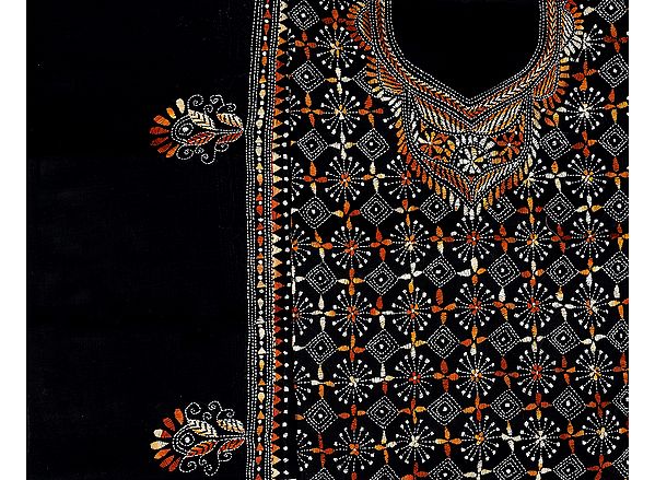 Black Kantha Salwar Kameez Fabric with Hand-Embroidered Flowers All-Over