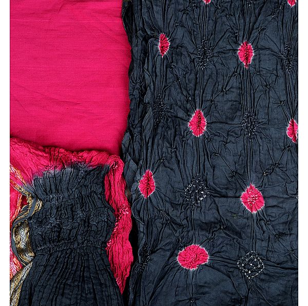 Fuchsia and Gray Bandhani Tie-Dye Salwar Kameez Fabric from Gujarat