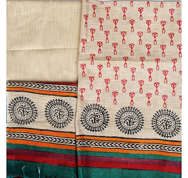 Frozen-Dew Block-Printed Salwar Kameez Fabric with Warli Motifs